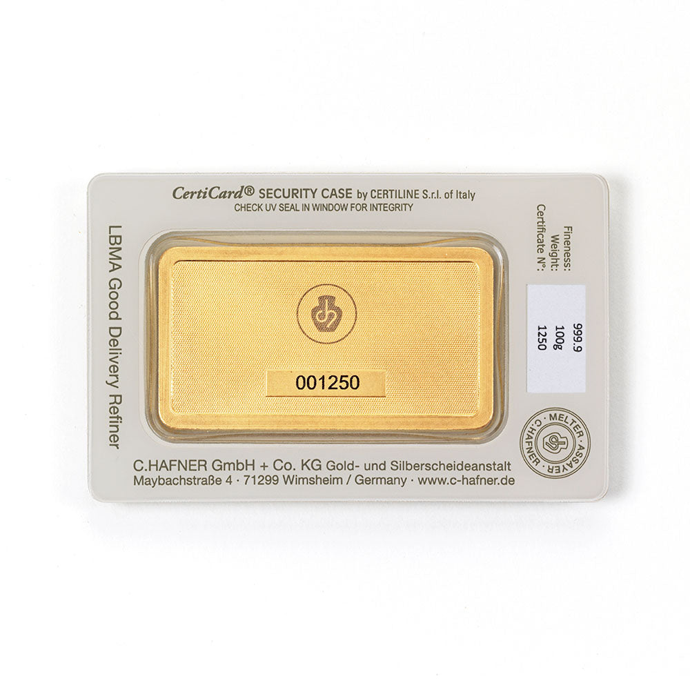 100 g Goldbarren von C.Hafner aus Recyclinggold, LBMA-zertifiziert, sicher verpackt im Blister