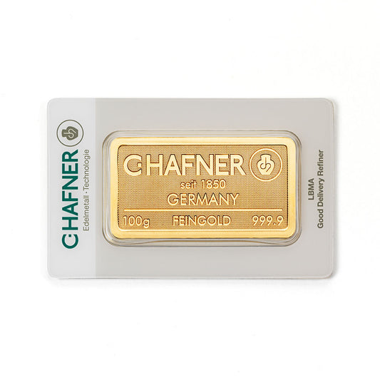 100 g Goldbarren von C.Hafner aus Recyclinggold, LBMA-zertifiziert, sicher verpackt im Blister