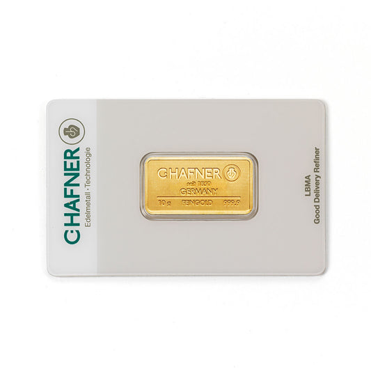 10 g Goldbarren von C.Hafner aus recyceltem Feingold, sicher im Blister verpackt
