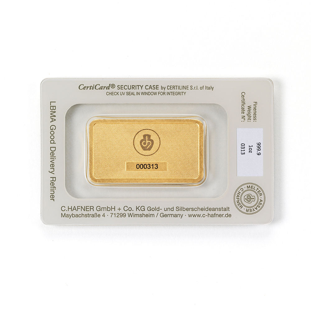31,1 g Goldbarren (1 Unze) von C.Hafner aus Recyclinggold, LBMA-zertifiziert, in Sicherheitsverpackung