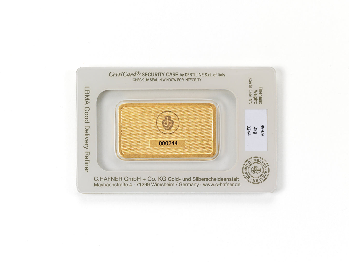 25 g Goldbarren von C.Hafner aus Recyclinggold, sicher im Blister mit Seriennummer