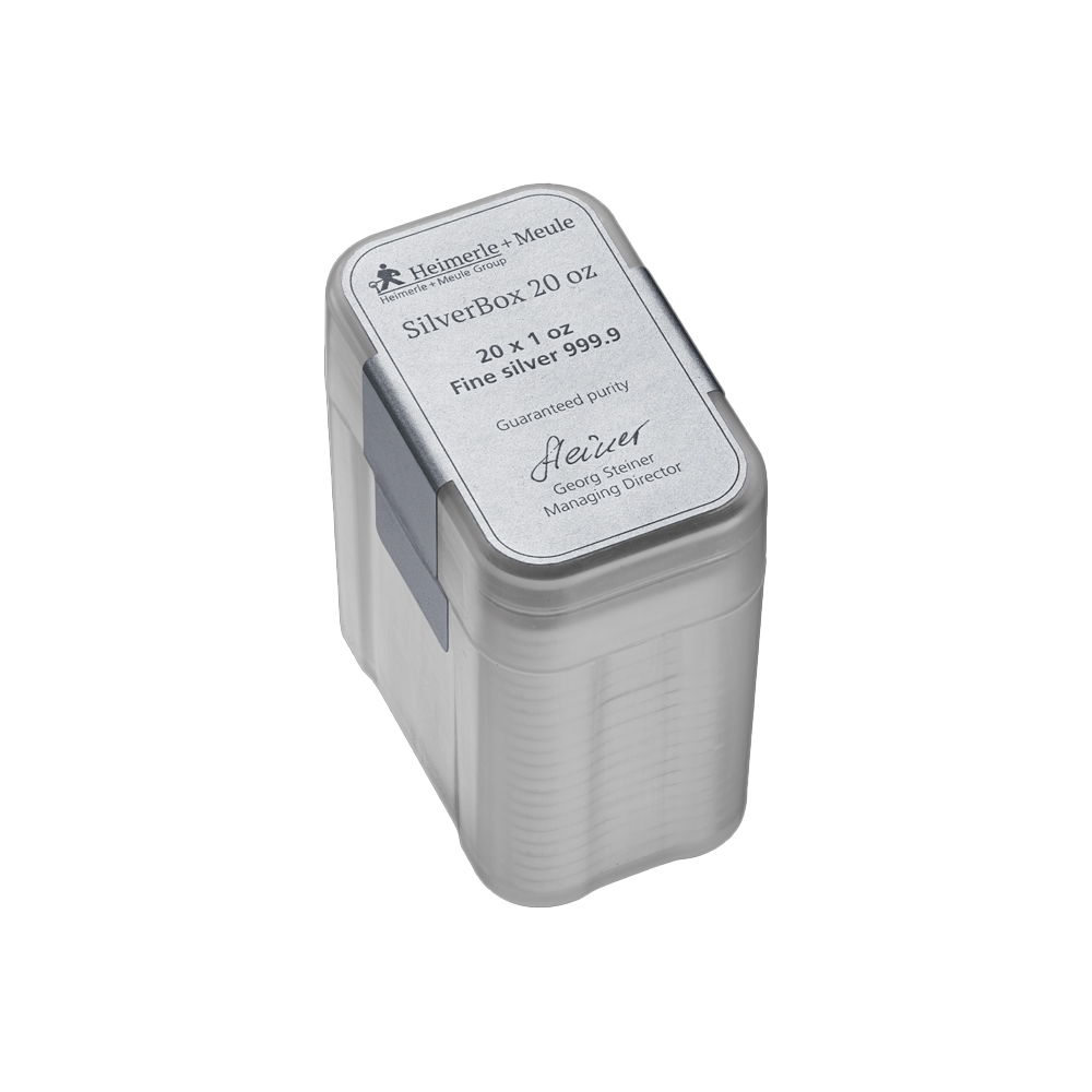 Silber-Box mit 20×1 oz Feinsilberbarren 999 von Heimerle + Meule – nachhaltiges Recycling-Silber