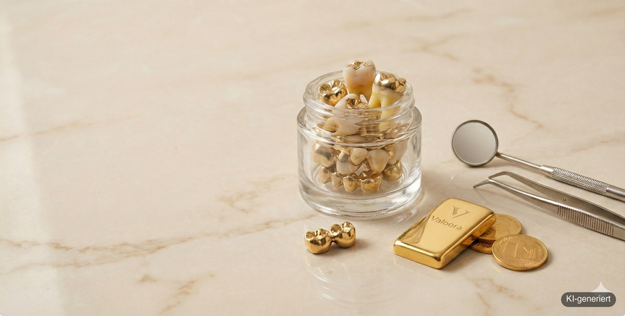 Zahngold, Kronen und recyceltes Edelmetall – KI-generierte Illustration