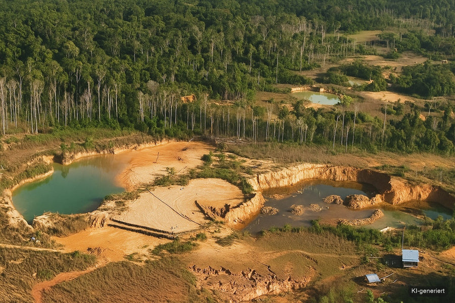 KI-generiertes Symbolbild: Goldabbau verändert eine Waldlandschaft