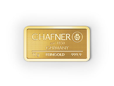 10 g Goldbarren von C.Hafner aus recyceltem Feingold, sicher im Blister verpackt