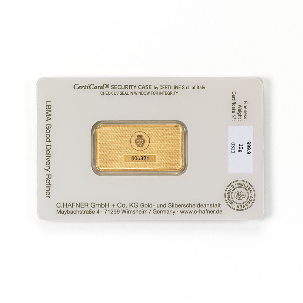 10 g Goldbarren von C.Hafner aus recyceltem Feingold, sicher im Blister verpackt