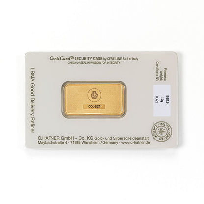 10 g Goldbarren von C.Hafner aus recyceltem Feingold, sicher im Blister verpackt