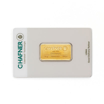 10 g Goldbarren von C.Hafner aus recyceltem Feingold, sicher im Blister verpackt