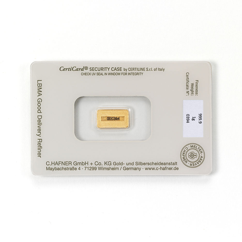 1 g Goldbarren aus Recyclinggold, geprägt von C.Hafner, in Blisterverpackung