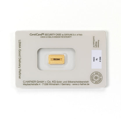 1 g Goldbarren aus Recyclinggold, geprägt von C.Hafner, in Blisterverpackung
