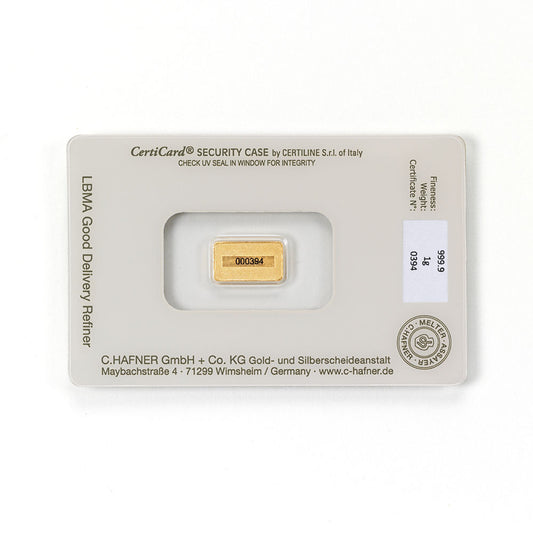 1 g Goldbarren aus Recyclinggold, geprägt von C.Hafner, in Blisterverpackung