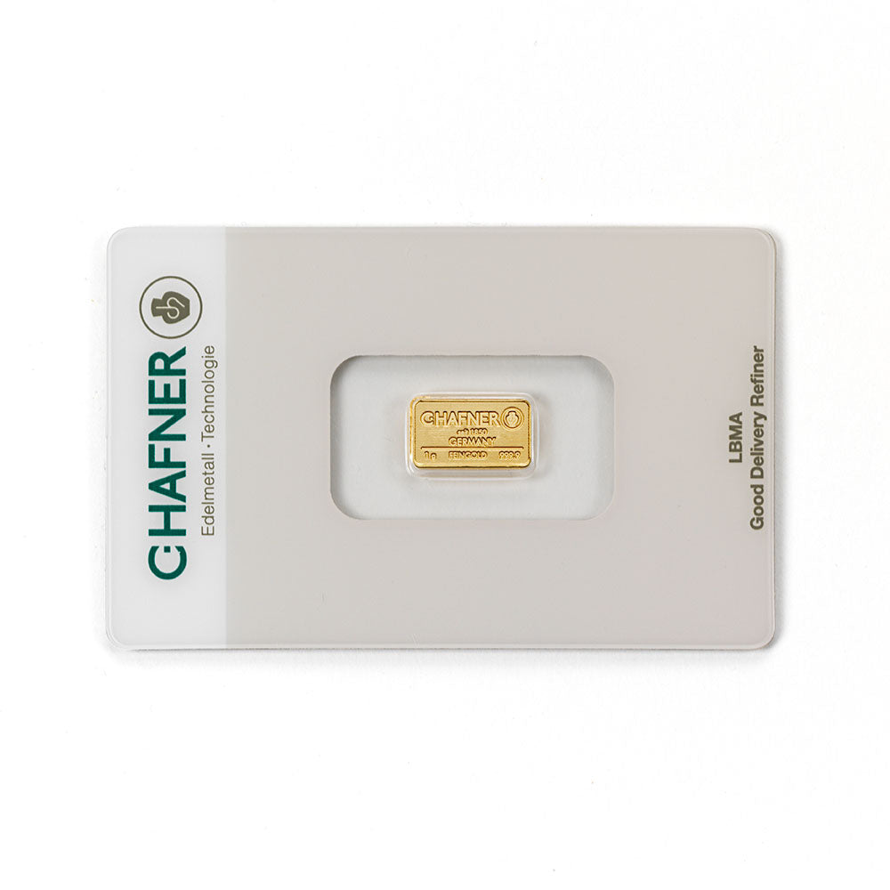1 g Goldbarren aus Recyclinggold, geprägt von C.Hafner, in Blisterverpackung