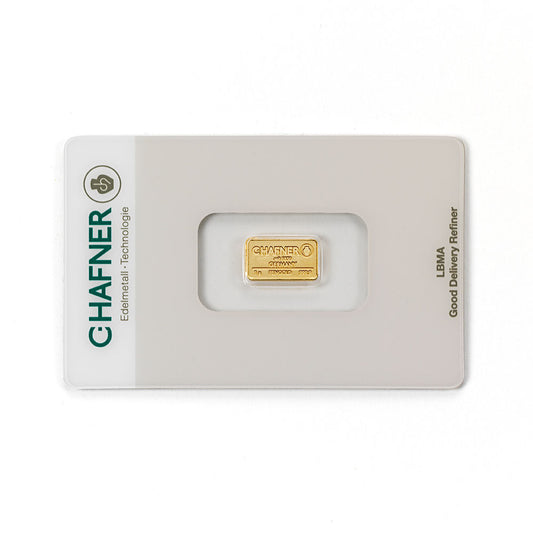 1 g Goldbarren aus Recyclinggold, geprägt von C.Hafner, in Blisterverpackung