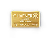 1 g Goldbarren aus Recyclinggold, geprägt von C.Hafner, in Blisterverpackung