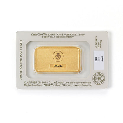 31,1 g Goldbarren (1 Unze) von C.Hafner aus Recyclinggold, LBMA-zertifiziert, in Sicherheitsverpackung