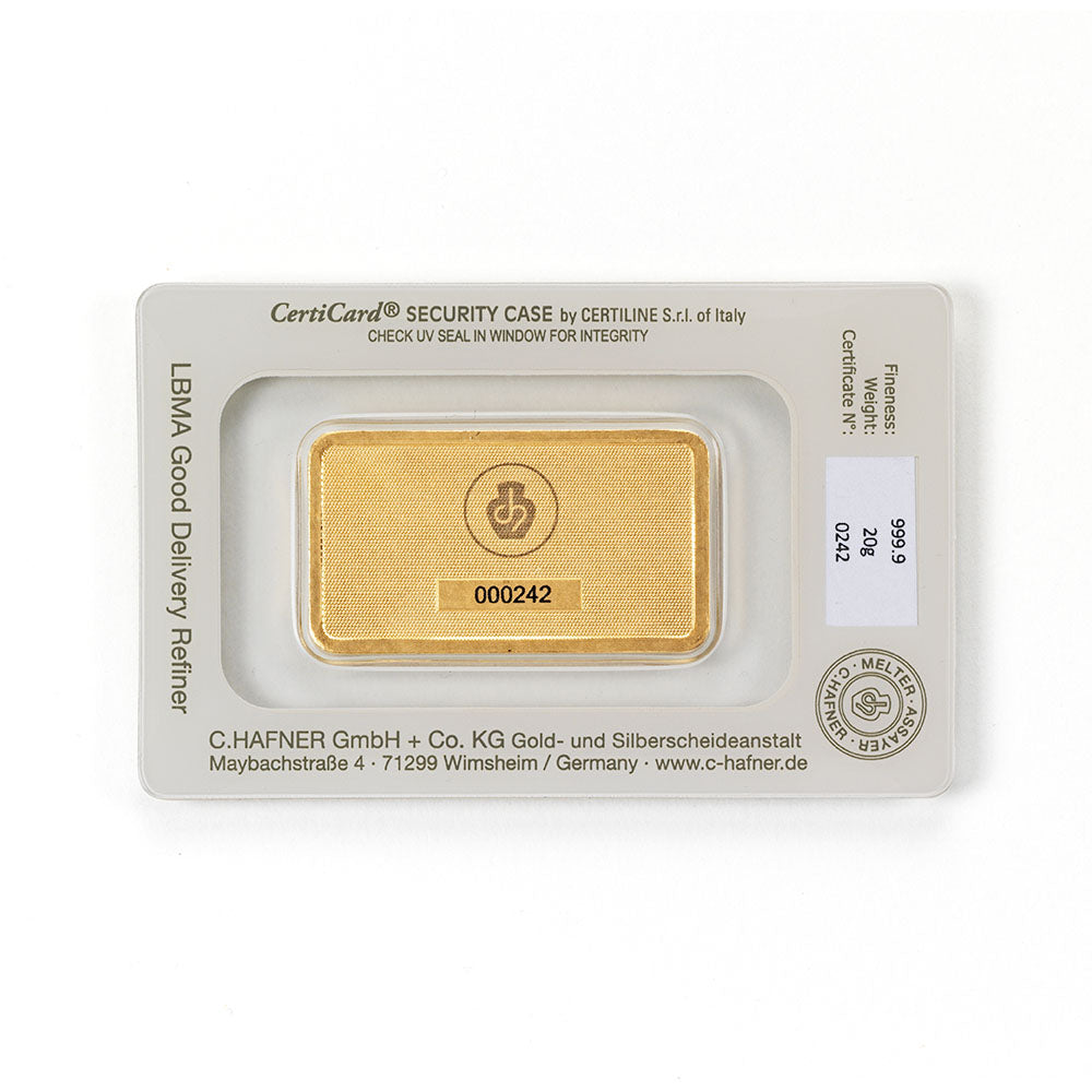 20 g Goldbarren von C.Hafner aus Recyclinggold, LBMA-zertifiziert, im Sicherheitsblister