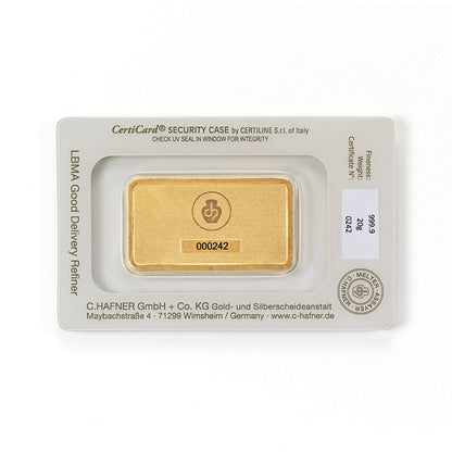 20 g Goldbarren von C.Hafner aus Recyclinggold, LBMA-zertifiziert, im Sicherheitsblister