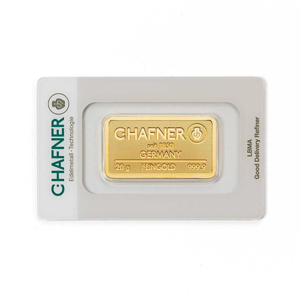 20 g Goldbarren von C.Hafner aus Recyclinggold, LBMA-zertifiziert, im Sicherheitsblister