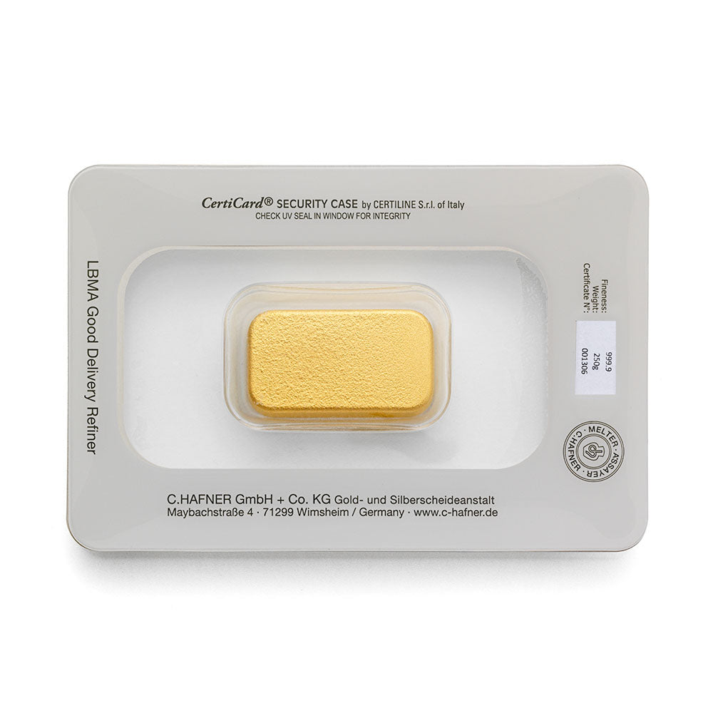 250 g Goldbarren von C.Hafner aus Recyclinggold, LBMA-zertifiziert, in Sicherheitsverpackung mit Seriennummer