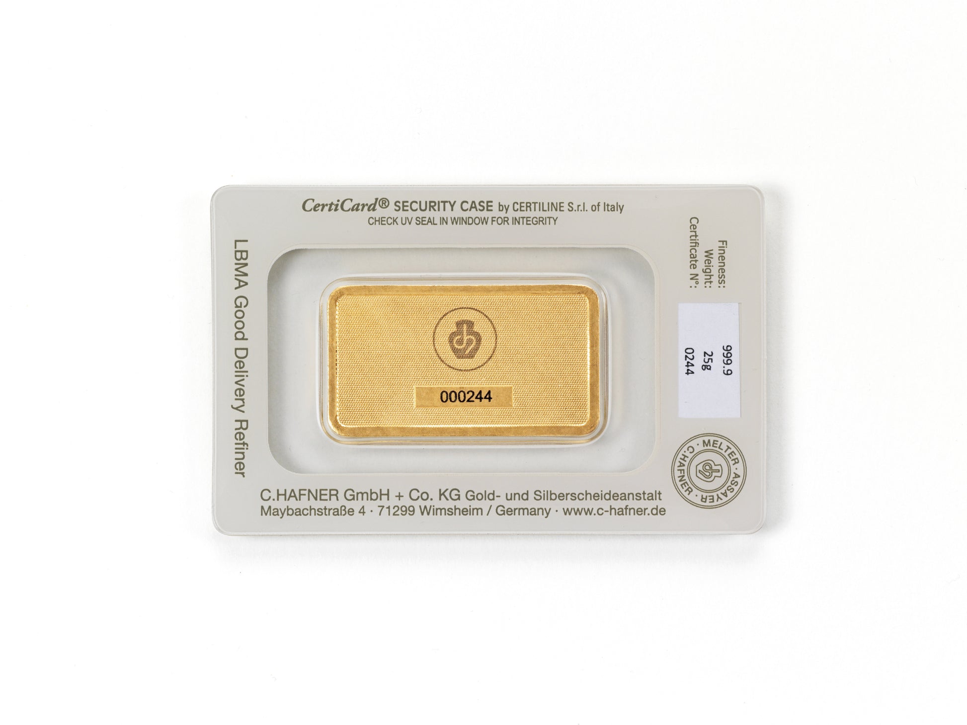 25 g Goldbarren von C.Hafner aus Recyclinggold, sicher im Blister mit Seriennummer