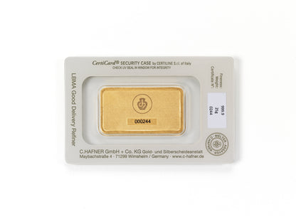 25 g Goldbarren von C.Hafner aus Recyclinggold, sicher im Blister mit Seriennummer