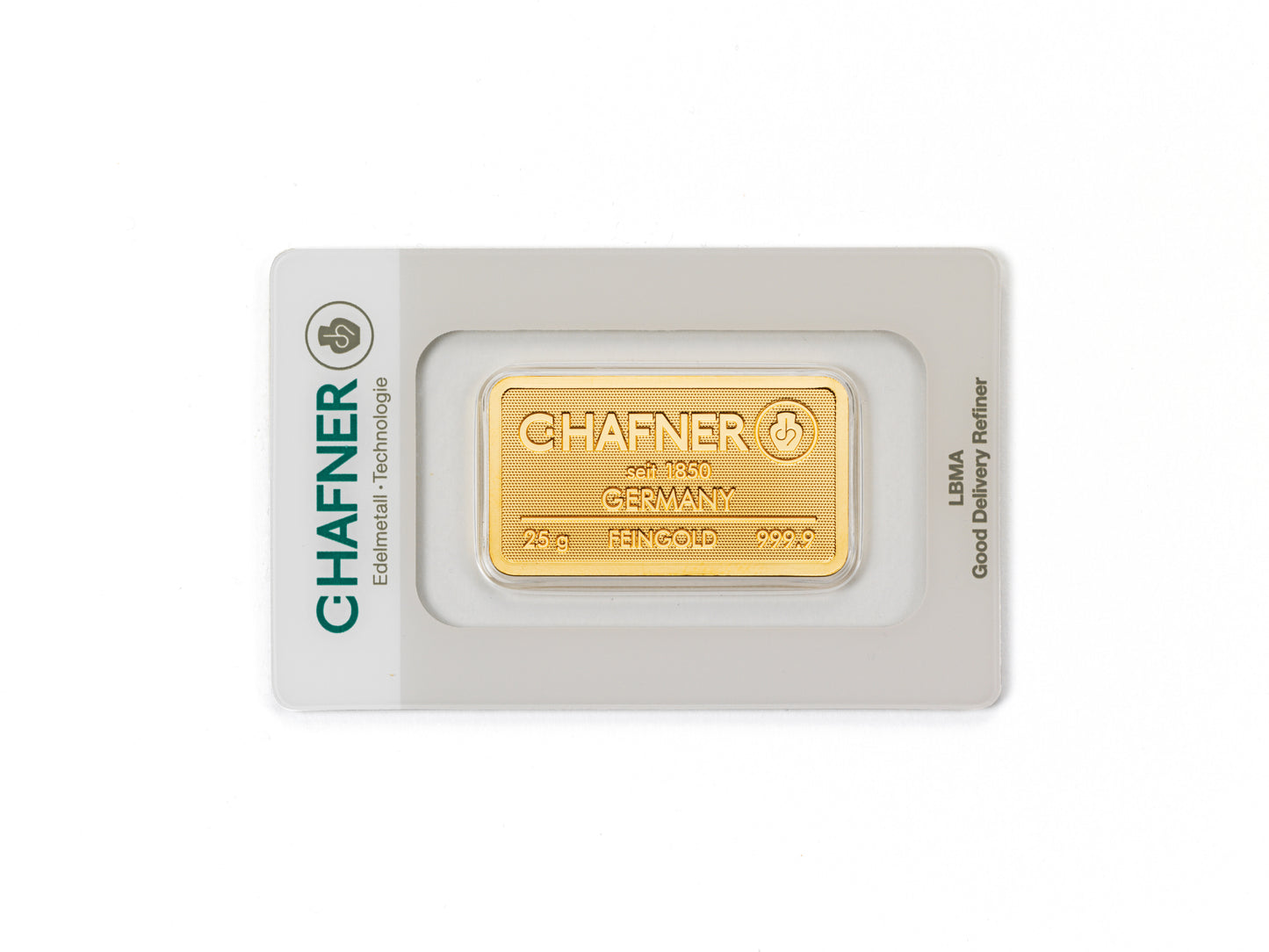 25 g Goldbarren von C.Hafner aus Recyclinggold, sicher im Blister mit Seriennummer