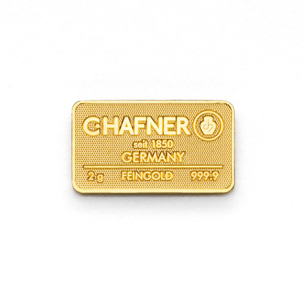 2 g Goldbarren von C.Hafner aus recyceltem Feingold, LBMA-zertifiziert, sicher verpackt im Blister
