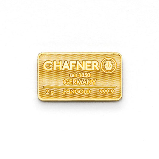 2 g Goldbarren von C.Hafner aus recyceltem Feingold, LBMA-zertifiziert, sicher verpackt im Blister