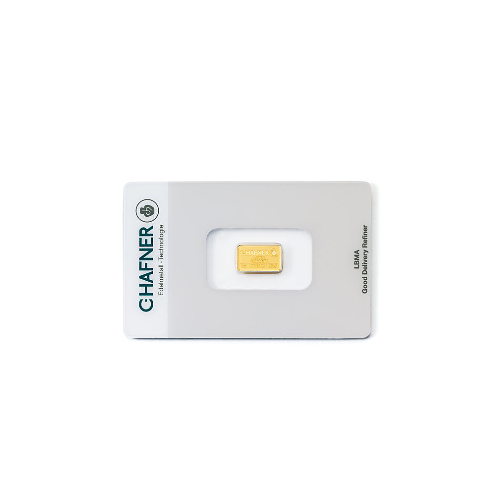 2 g Goldbarren von C.Hafner aus recyceltem Feingold, LBMA-zertifiziert, sicher verpackt im Blister