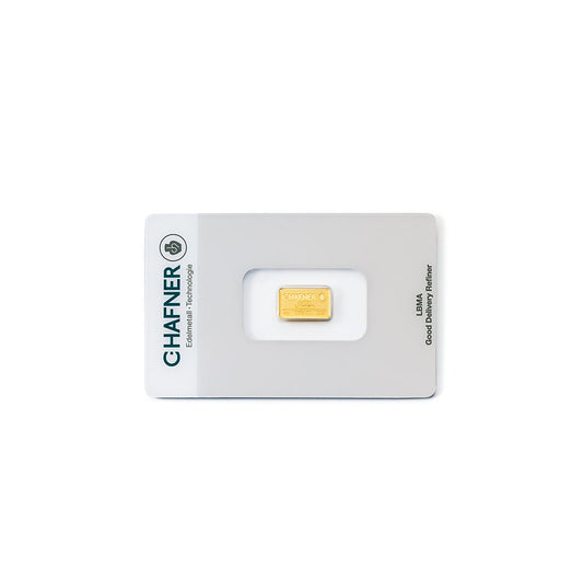 2 g Goldbarren von C.Hafner aus recyceltem Feingold, LBMA-zertifiziert, sicher verpackt im Blister