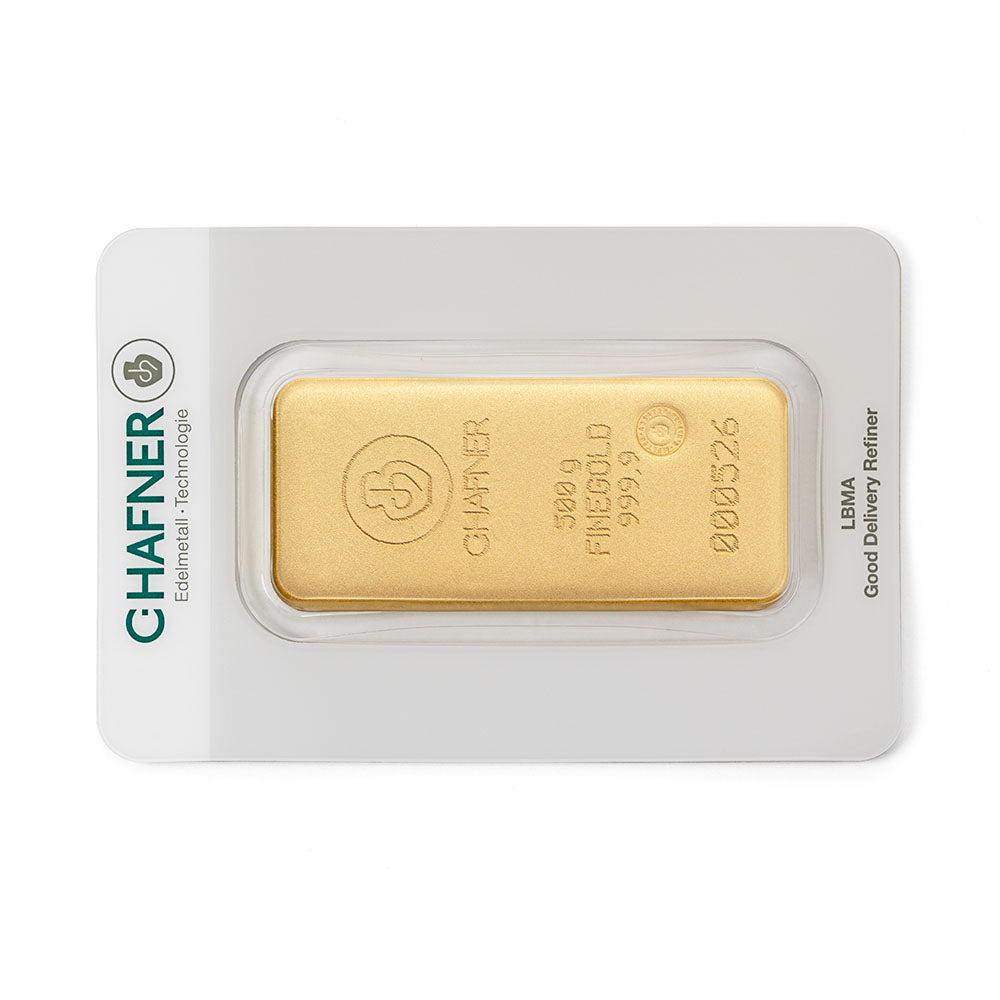 500 g Goldbarren von C.Hafner aus Recyclinggold, LBMA-zertifiziert, mit Seriennummer und Sicherheitsverpackung