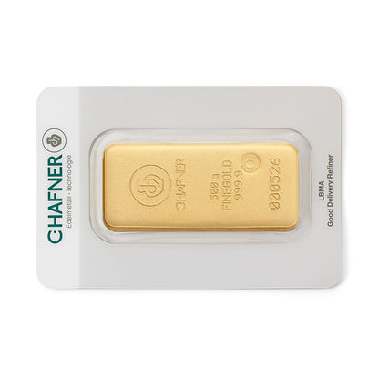 500 g Goldbarren von C.Hafner aus Recyclinggold, LBMA-zertifiziert, mit Seriennummer und Sicherheitsverpackung