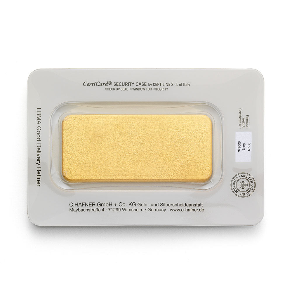 500 g Goldbarren von C.Hafner aus Recyclinggold, LBMA-zertifiziert, mit Seriennummer und Sicherheitsverpackung