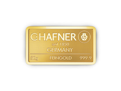 50 g Goldbarren von C.Hafner – nachhaltiges Recyclinggold in Blisterverpackung