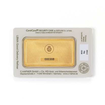50 g Goldbarren von C.Hafner aus recyceltem Feingold, im Sicherheitsblister mit Seriennummer