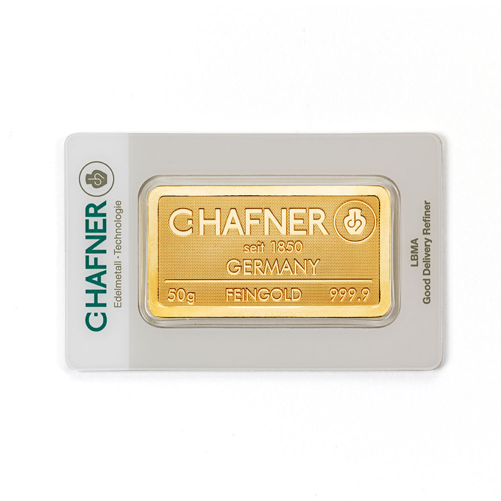 50 g Goldbarren von C.Hafner aus recyceltem Feingold, im Sicherheitsblister mit Seriennummer