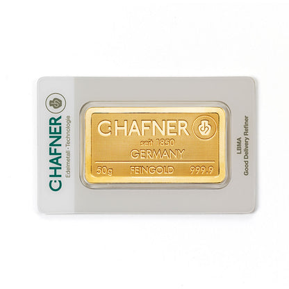 50 g Goldbarren von C.Hafner aus recyceltem Feingold, im Sicherheitsblister mit Seriennummer