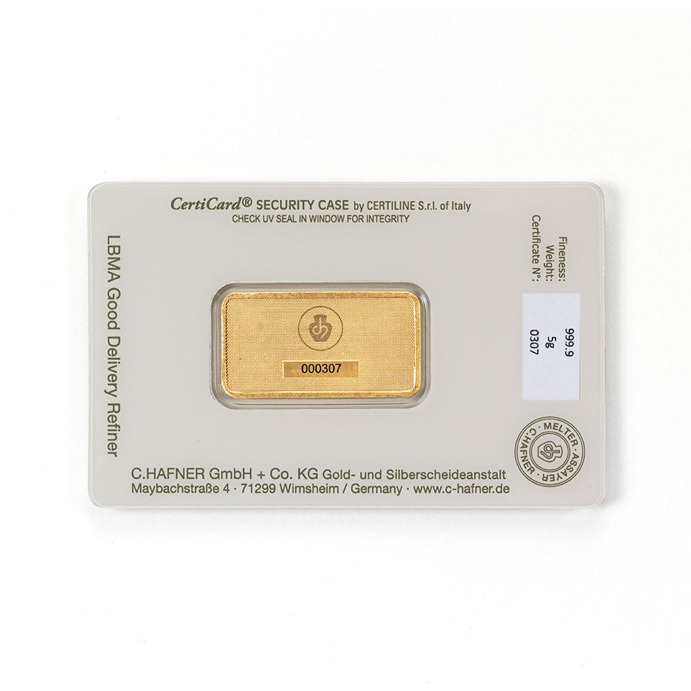5 g Goldbarren von C.Hafner, recyceltes Feingold in Blisterverpackung mit Seriennummer