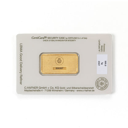 5 g Goldbarren von C.Hafner, recyceltes Feingold in Blisterverpackung mit Seriennummer