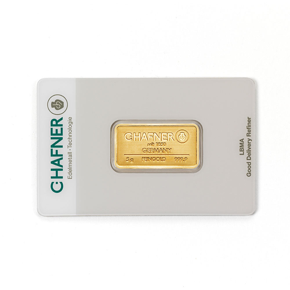 5 g Goldbarren von C.Hafner, recyceltes Feingold in Blisterverpackung mit Seriennummer