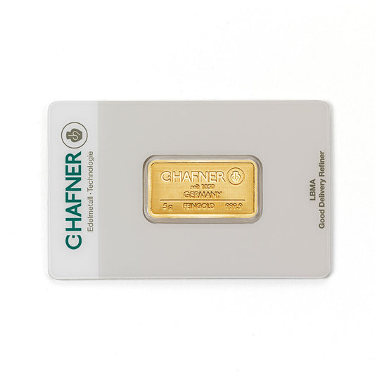 5 g Goldbarren von C.Hafner, recyceltes Feingold in Blisterverpackung mit Seriennummer