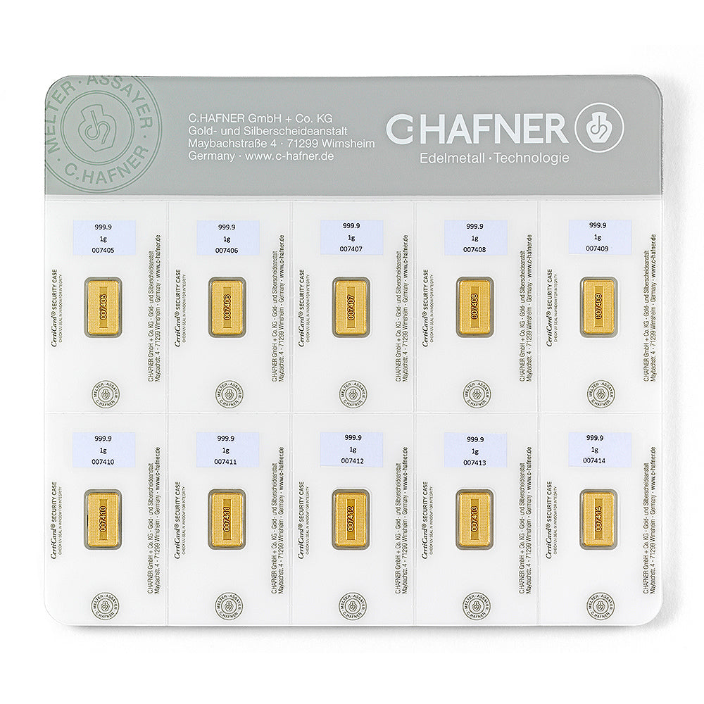 Goldkarte (Goldbarren) 10×1 g Feingold 999,9 von C.Hafner – abtrennbare Einheiten aus Recyclinggold 