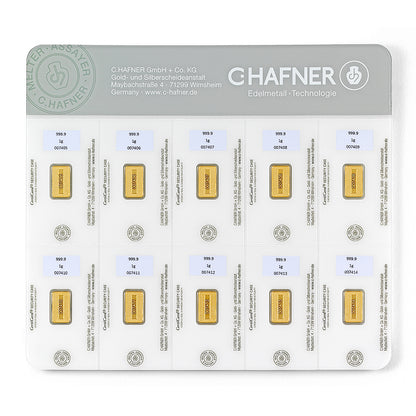 Goldkarte (Goldbarren) 10×1 g Feingold 999,9 von C.Hafner – abtrennbare Einheiten aus Recyclinggold 
