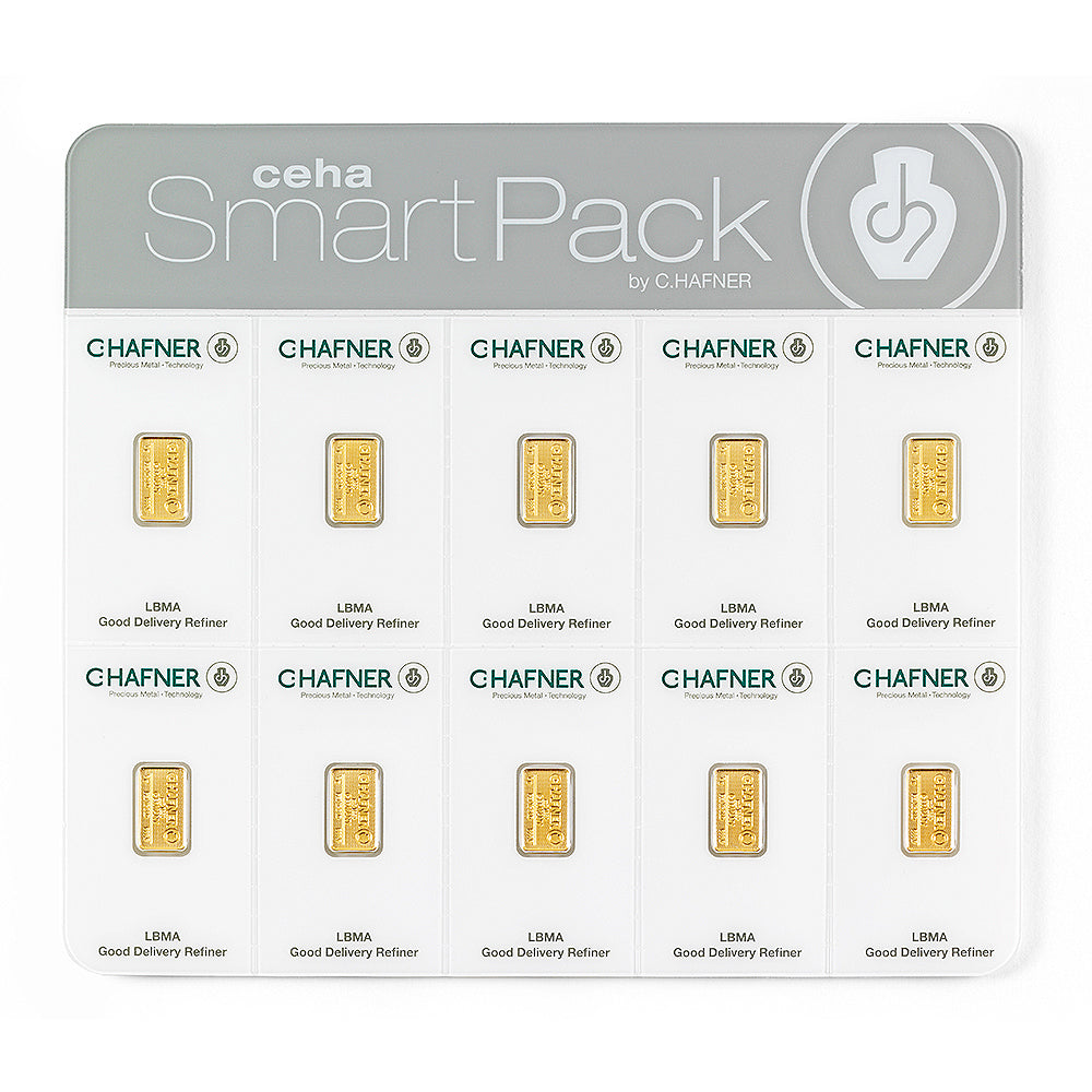 Goldkarte (Goldbarren) 10×1 g Feingold 999,9 von C.Hafner – abtrennbare Einheiten aus Recyclinggold 